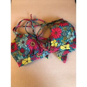 CUPSHE Floral Strappy Back Bikini Top Blue Pink Yellow Retro Size S NWOT